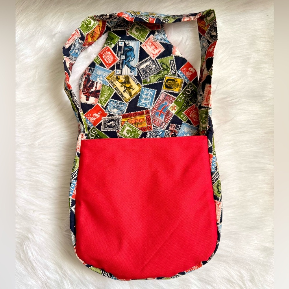 Vintage Postage Stamp Print Shoulder Bag Multicolor Travel-Inspired Handmade - Picture 9 of 11